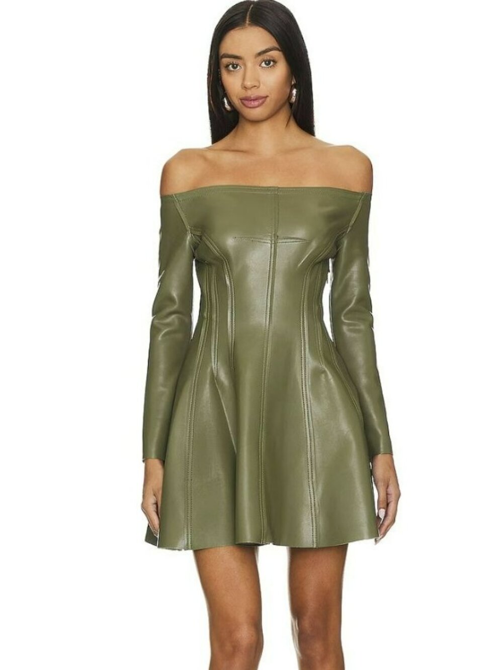 Norma Kamali Grace Faux Leather Off Shoulder Mini Dress New